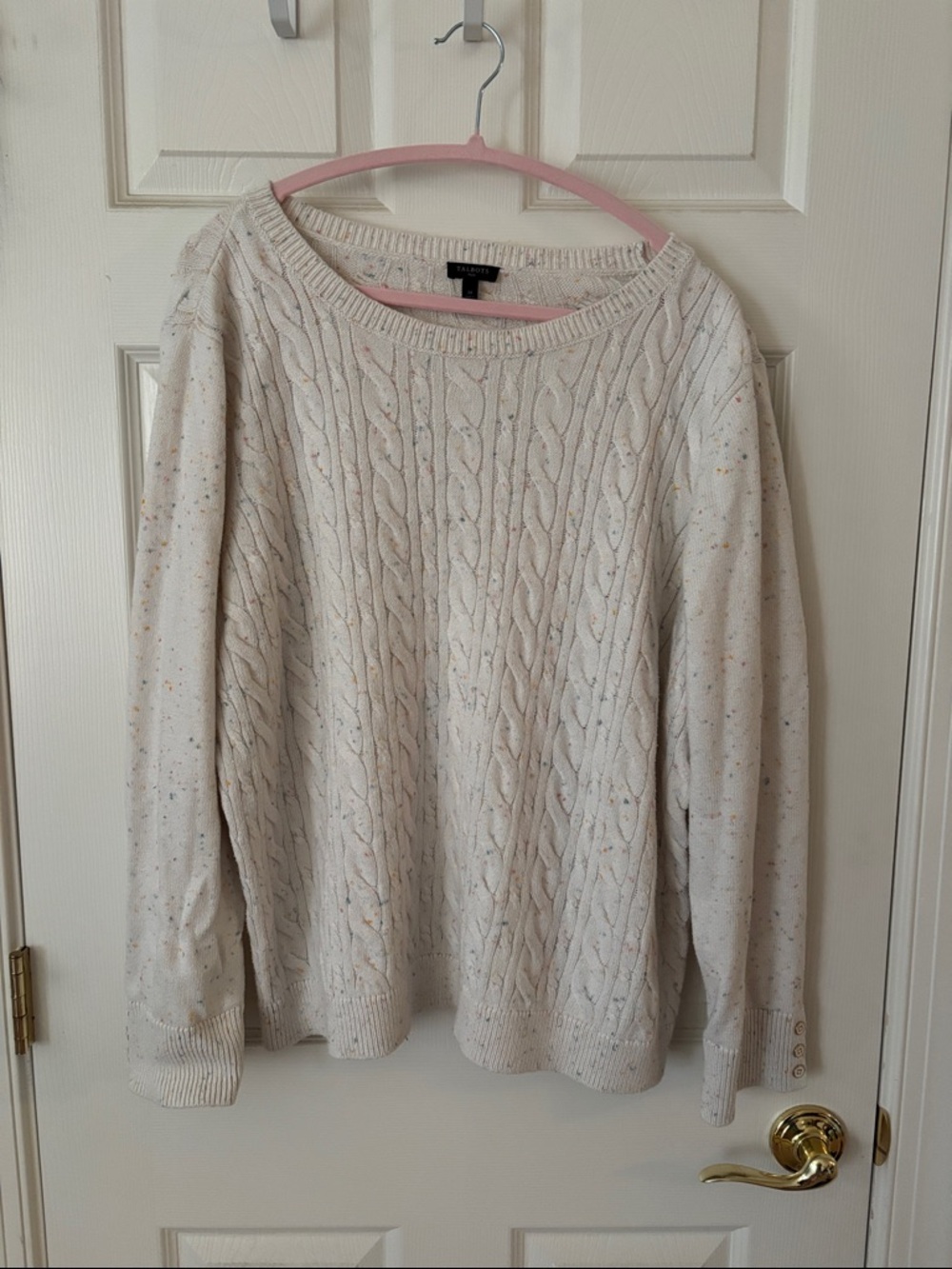 Talbots Cream Cable Knit Crewneck Sweater with Multicolor Speckle